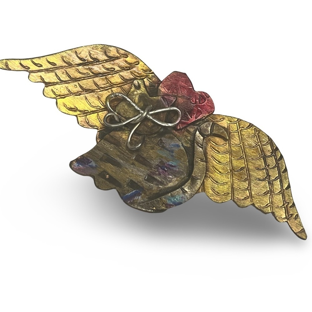 Vintage Artisan “Guardian Cat” Brooch with Heart Accent- Signed
